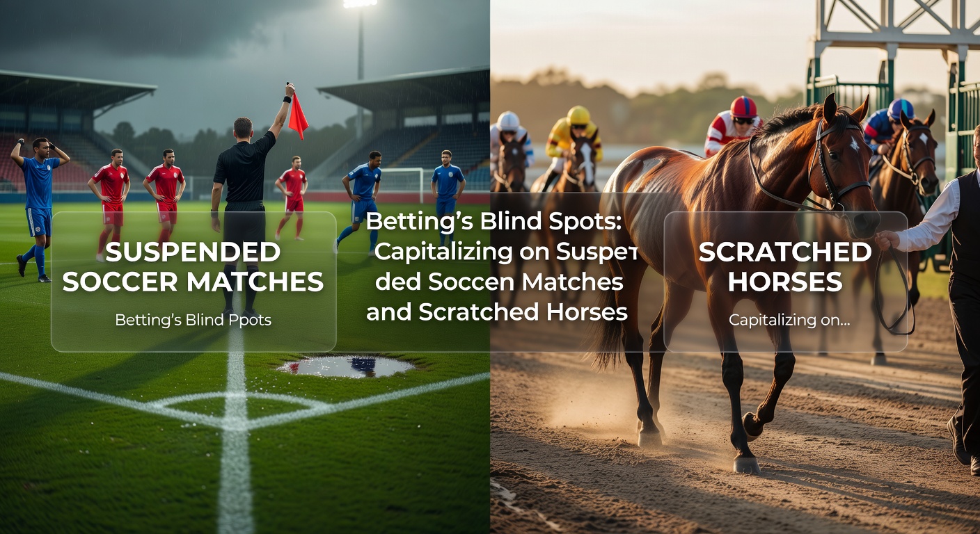 A soccer match halted mid-action under stormy skies, with players waiting on the pitch and bookmakers' screens frozen on suspended odds; beside it, a horse racing scene showing an empty stall where a scratched contender was expected, odds boards shifting rapidly in response