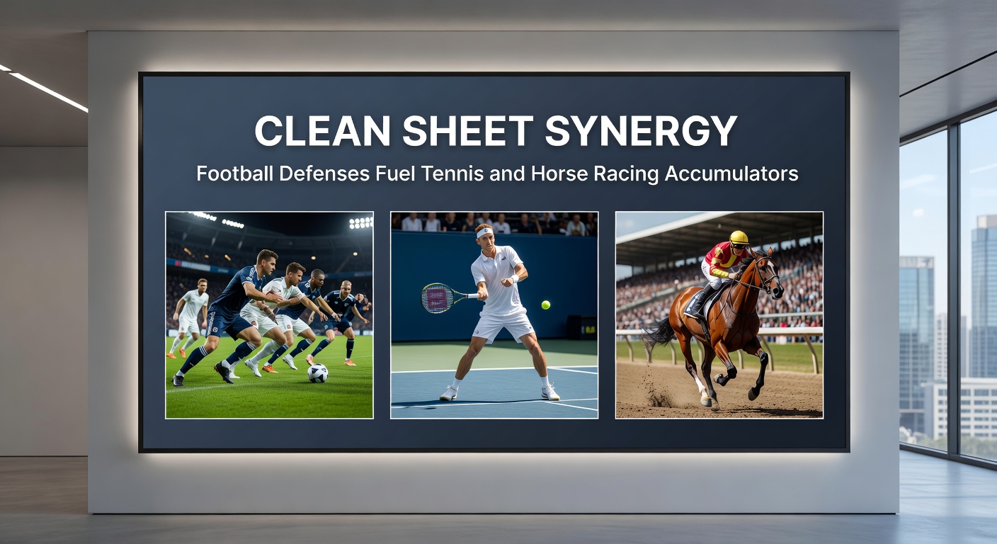 Dynamic collage showing football players celebrating a clean sheet, a tennis player dominating serve, and a horse surging ahead in a race, symbolizing accumulator synergy