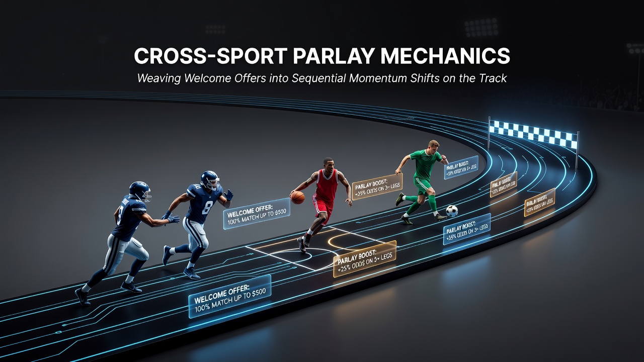 Diagram showing sequential momentum shifts between horse racing sprints and tennis break points within cross-sport parlay structures