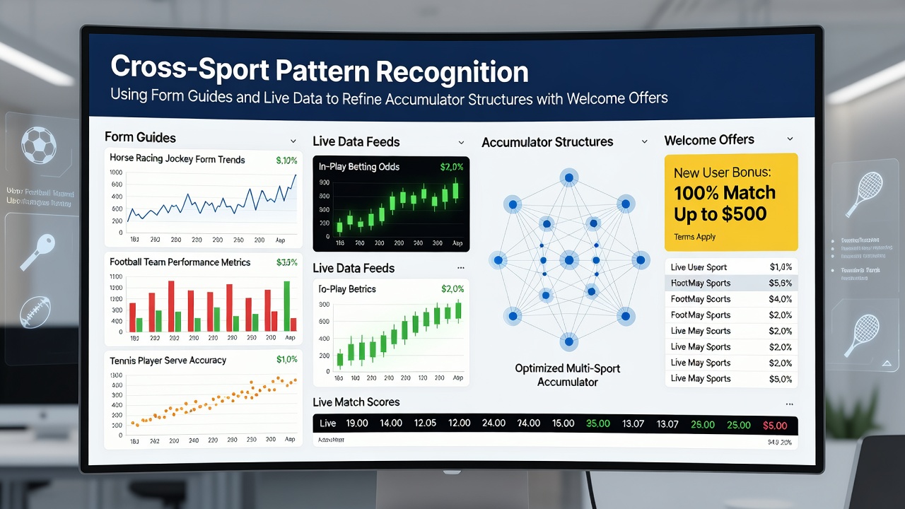 Visual representation of cross-sport data analysis tools displaying form guides and live betting interfaces for accumulator refinement