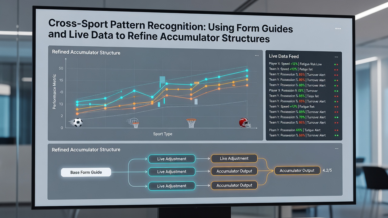 Screenshot of live data dashboard showing integrated form guides, accumulator builder interface, and welcome offer terms across sports