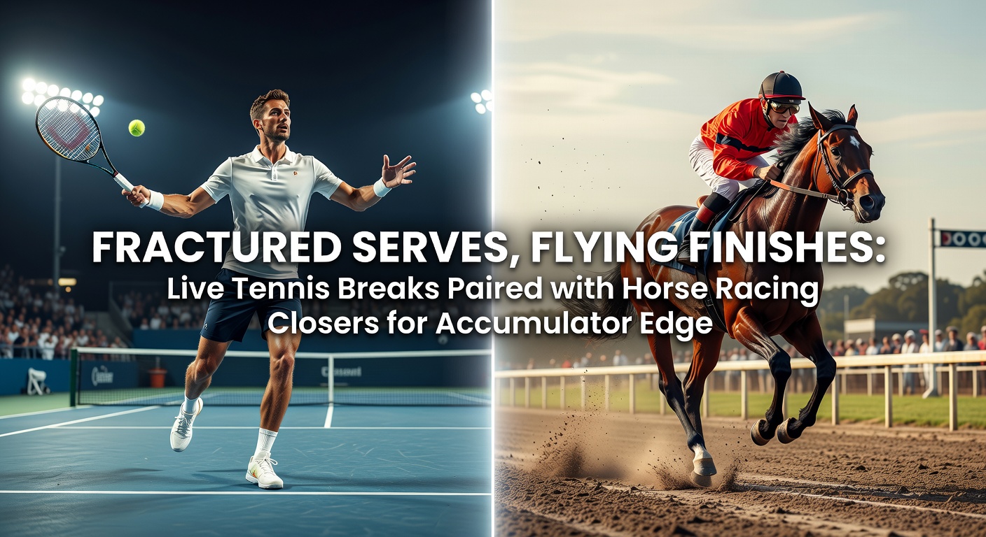 Dynamic split image showing a tennis player mid-serve break on clay court alongside a horse surging in the final furlong of a sprint race