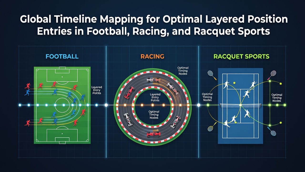 Global timeline visualization showing overlapping football matches, horse races, and tennis tournaments across time zones with layered entry points marked