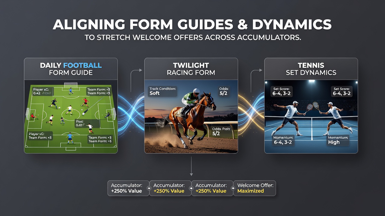 Bettors reviewing football form guides alongside twilight racing charts and tennis match statistics on multiple screens