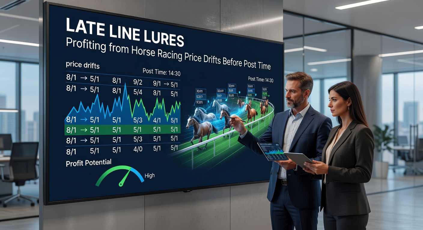 Horse racing starting gate moments before post time, with odds boards flickering in the background, highlighting the tension of late price movements
