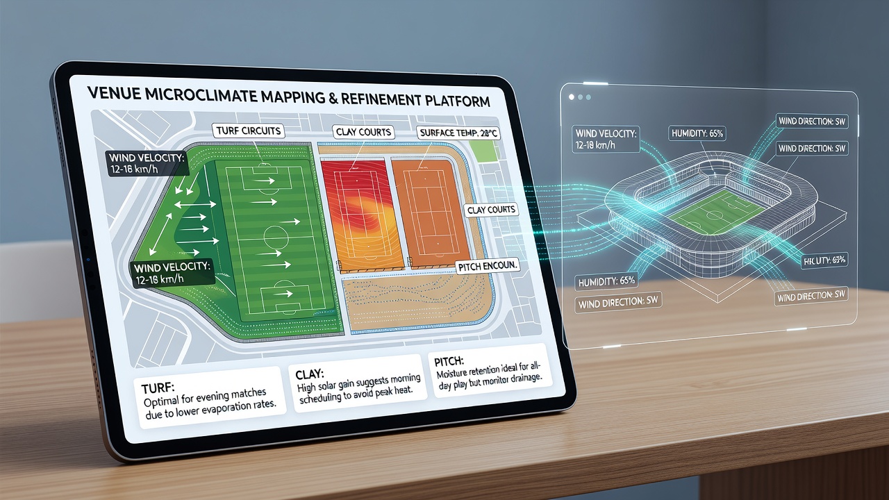 Split view of a clay tennis court and football pitch with humidity and wind sensors positioned at key microclimate points