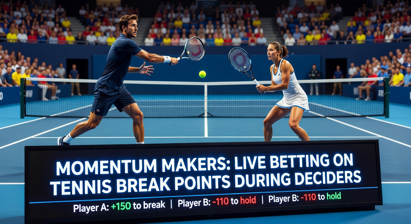Tennis player serving intensely during a crucial break point in a deciding set, crowd blurred in the background