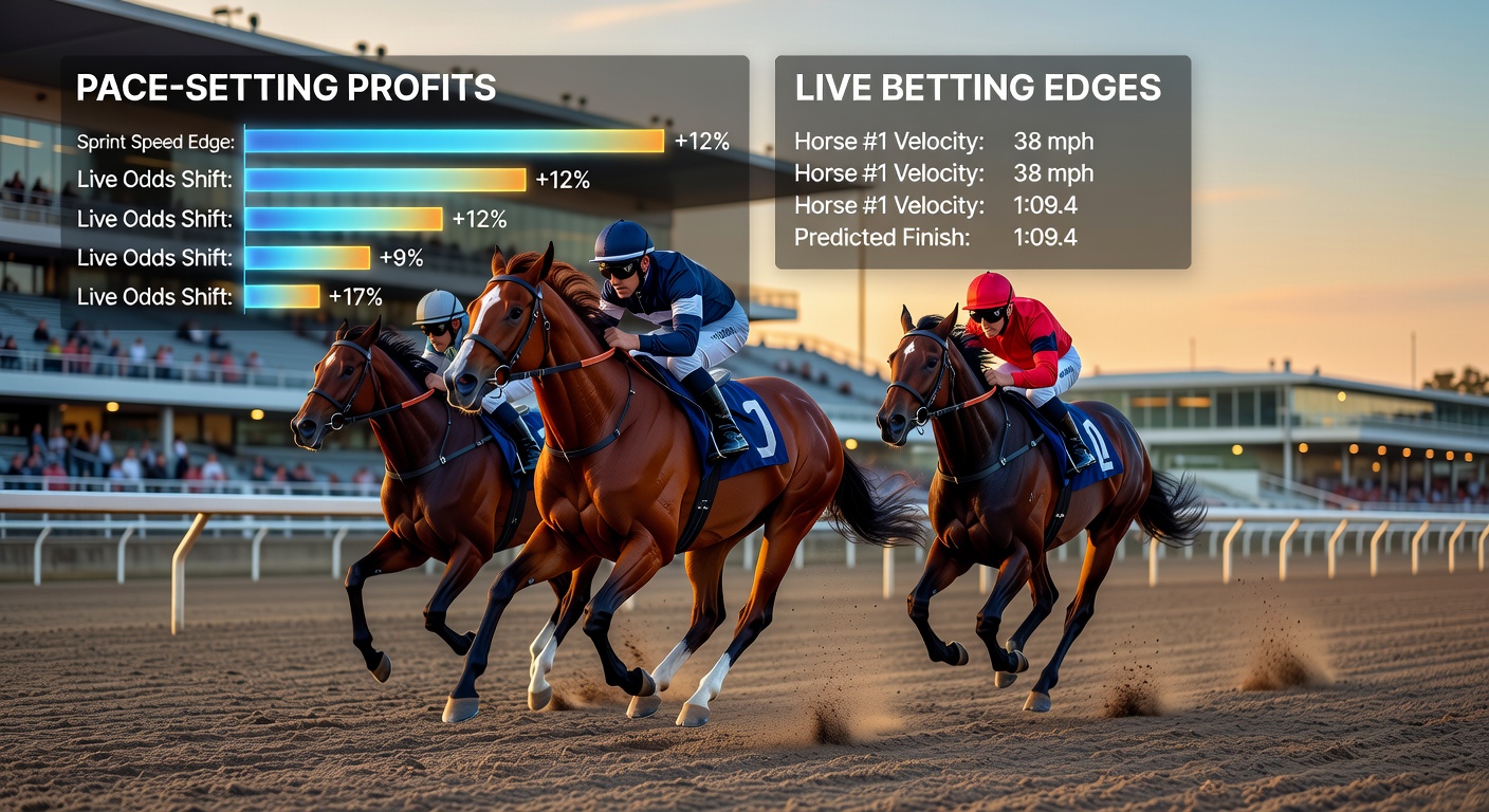 A pack of sprint horses thundering down the straight, with a clear front-runner pulling ahead amid kicking dirt and straining muscles