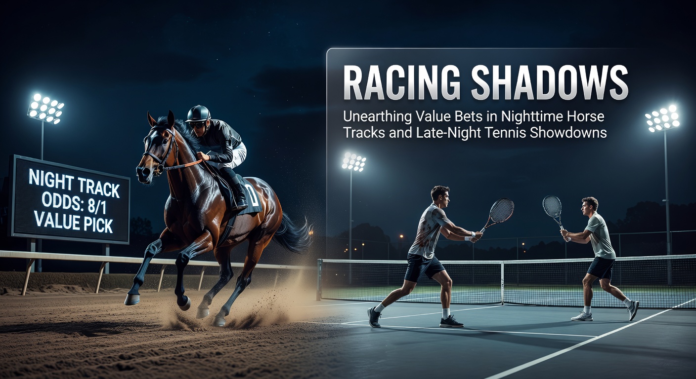 Floodlit horse track at night with horses thundering down the straight under bright lights, capturing the intensity of nighttime racing action