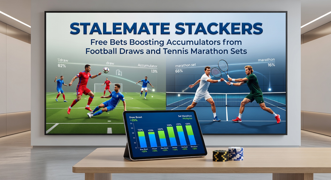 A dynamic split image showing a tense soccer match ending in a draw alongside a grueling tennis tiebreak, with overlaid accumulator bet slips and free bet tokens highlighting strategic stacking opportunities