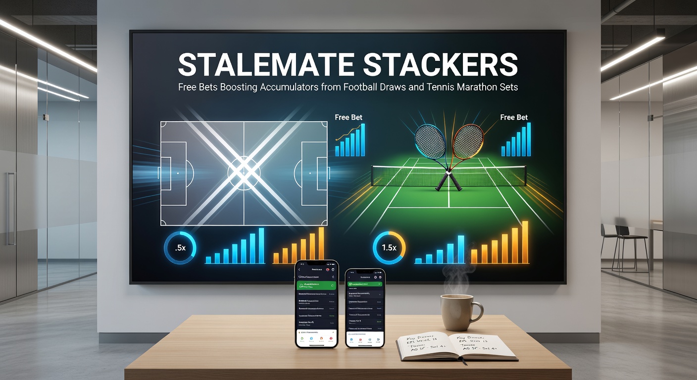 Close-up of a bet slip accumulator featuring football draw selections, tennis over-games bets, and free bet icons, set against a backdrop of a packed stadium and clay court rally in progress